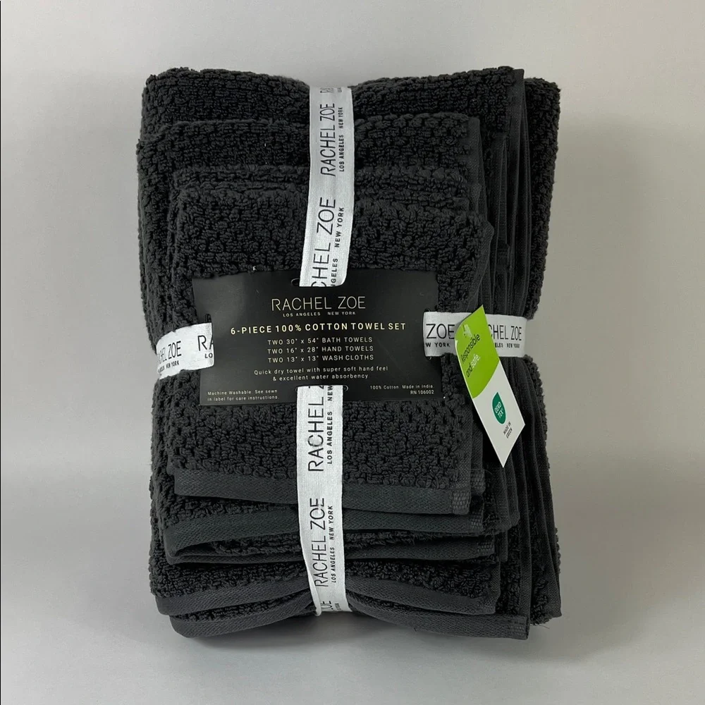 6 Pc Rachel Zoe Bath Towel Set Dark Gray Quick Dry Soft 100% Cotton NEW